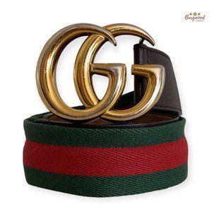Auth Gucci Web Green/Red Canvas Brown Leather Gold Double G Buckle Belt 75/30